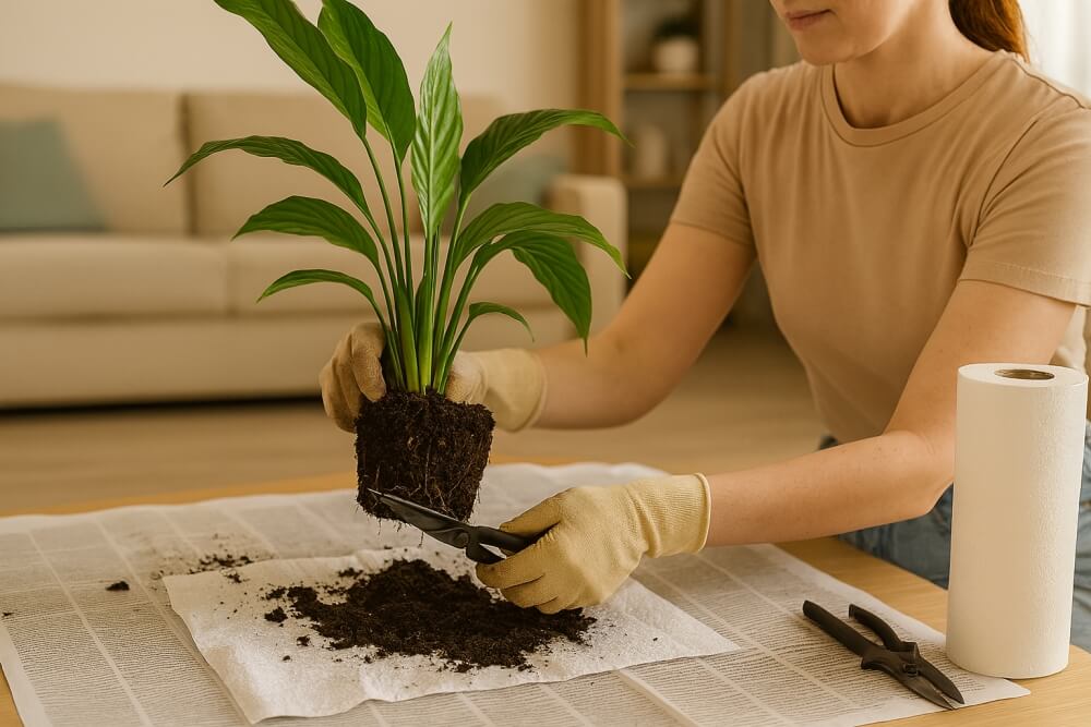 przelany skrzydłokwiat - oczyszczanie korzeni ze zgniłych fragmentów