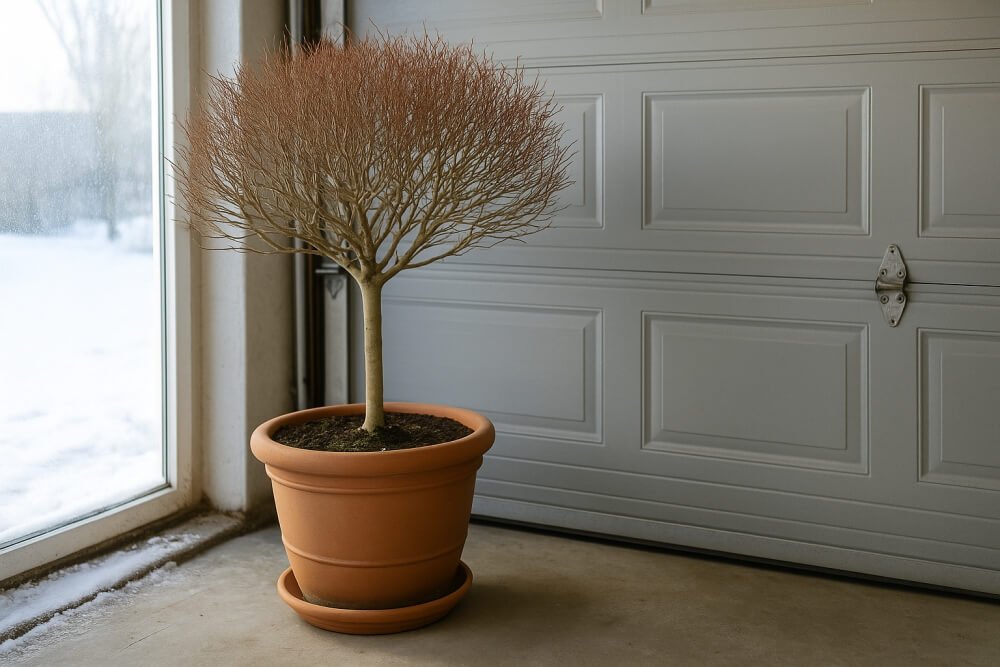 wierzba hakuro zimą w jasnym garażu 
