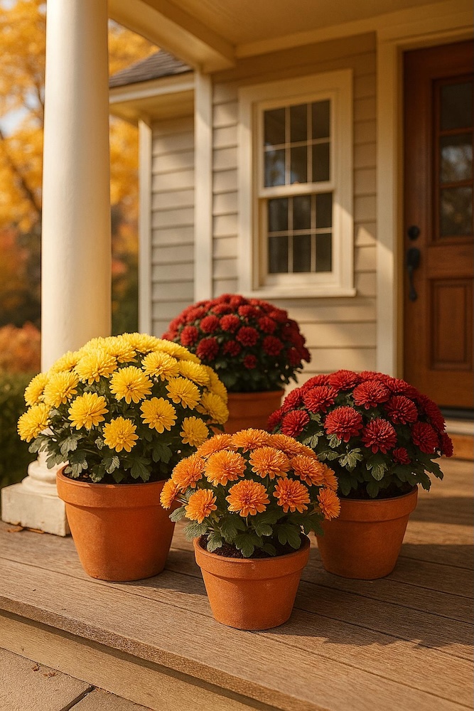 kolorowe chryzantemy przed domem 