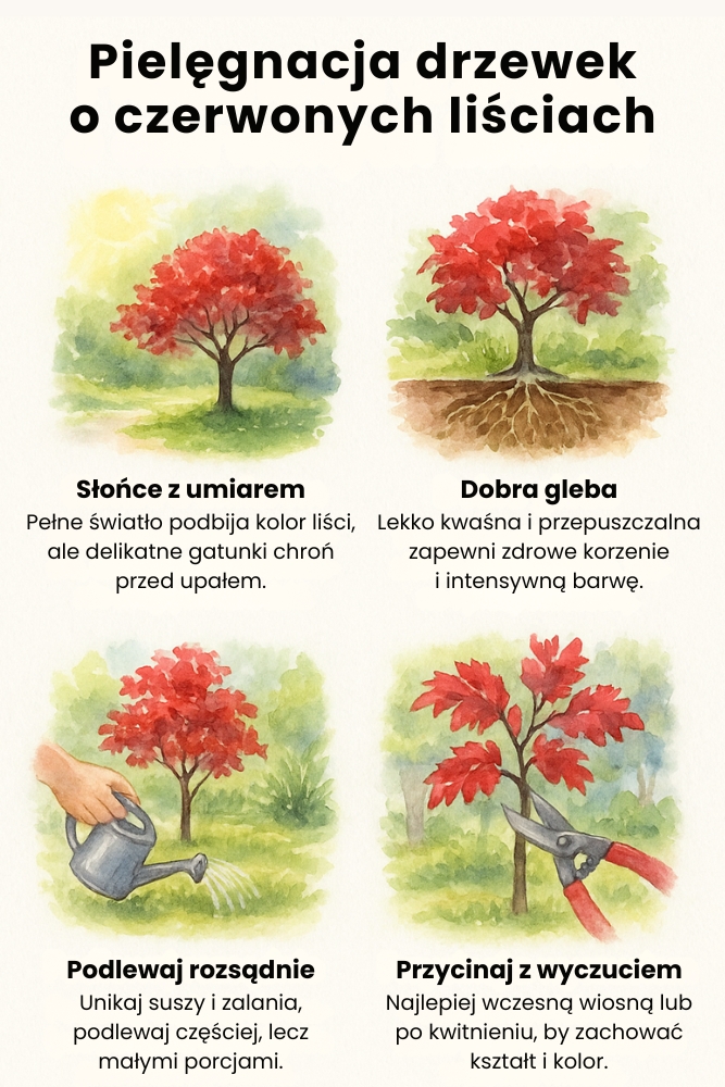 pielęgnacja drzewek z czerwonymi liśćmi