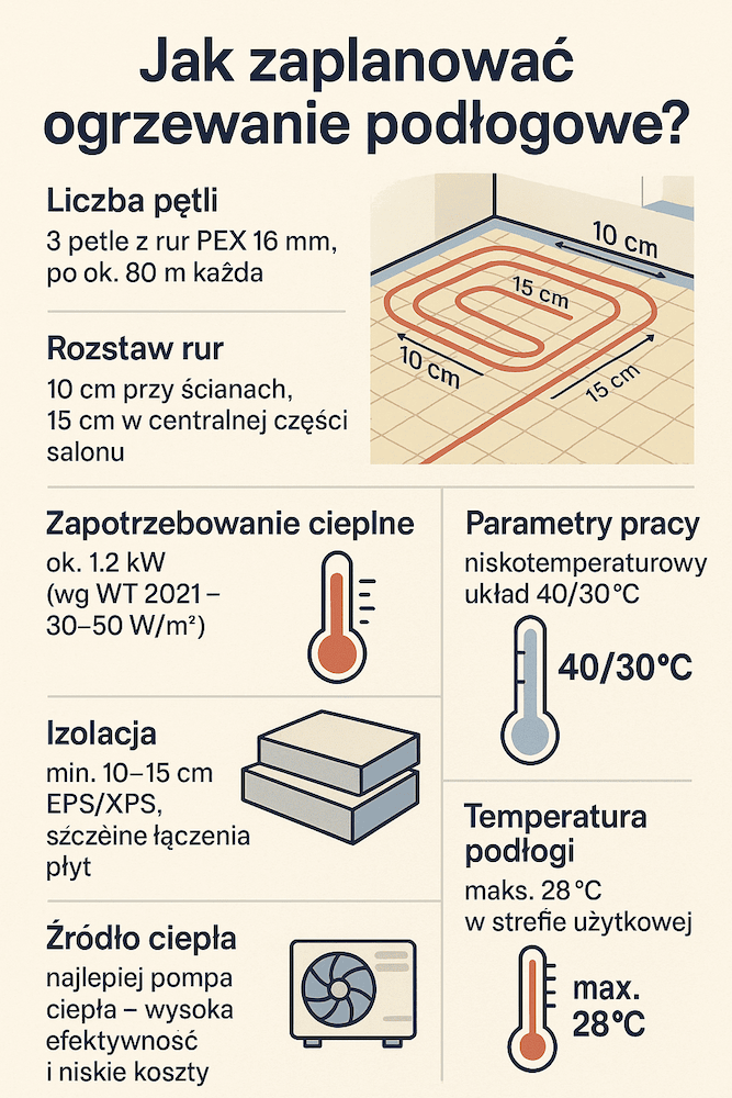 salon 30 m2 - ile pętli podłogówki do ogrzewania podłogowego 