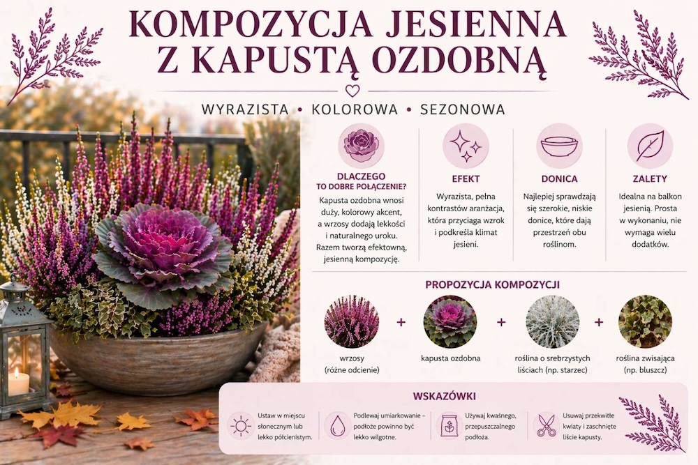 wrzosy z kapustą ozdobną w donicy 