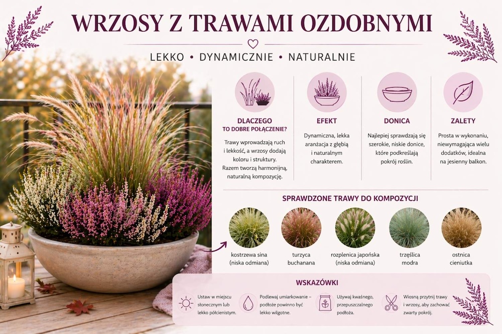 wrzosy na balkonie z trawami w doniczce 