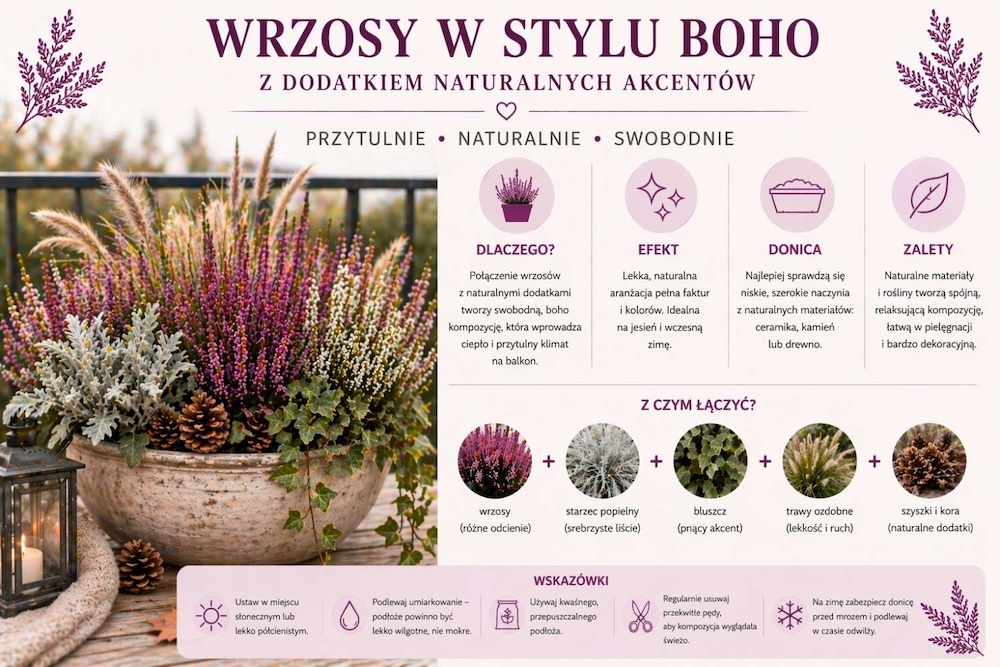 boho kompozycja z wrzosami 