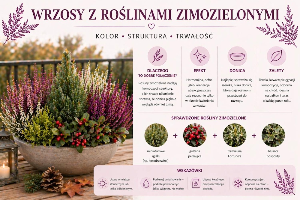 kompozycja z wrzosami i roślinami zimozielonymi 