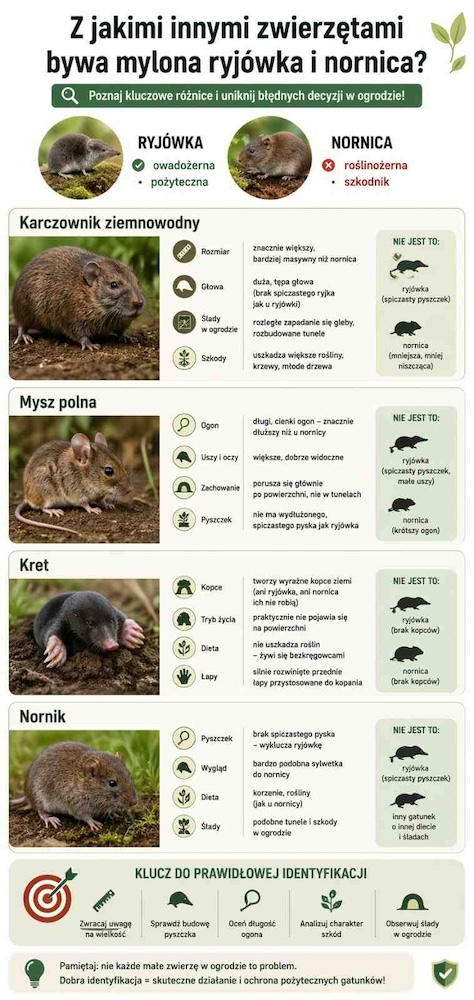 z jakimi zwierzętami jest mylona ryjówka i nornica 