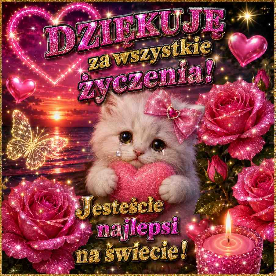 brokatowa kartka z podziękowaniem i kotkiem 