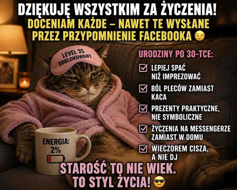 memy - śmieszne podziękowania za życzenia urodzinowe na fb z zabawnym kotem 