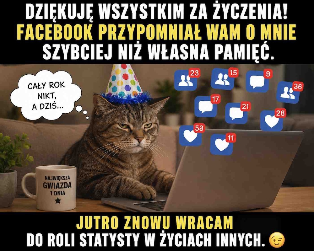 memy - śmieszne podziękowania za życzenia urodzinowe na fb z sarkastycznym kotem 