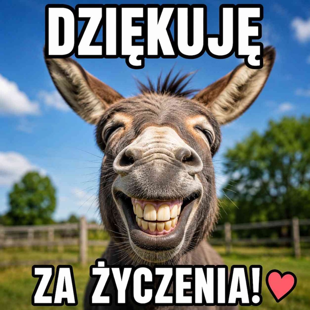 memy - śmieszne podziękowania za życzenia urodzinowe na fb z osiołkiem 