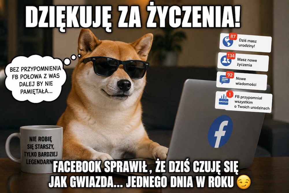 memy - śmieszne podziękowania za życzenia urodzinowe na FB z psem w okularach 
