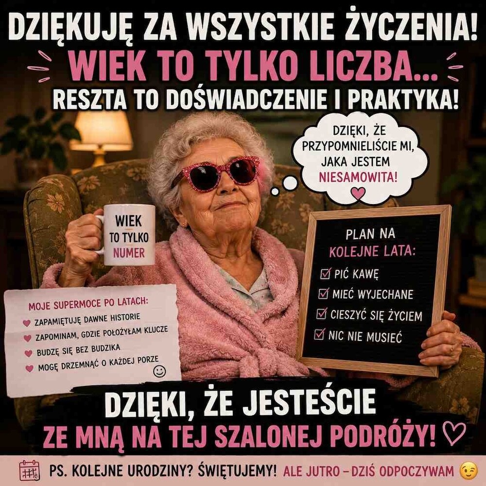 memy - śmieszne podziękowania za życzenia urodzinowe na fb z szaloną babcią 