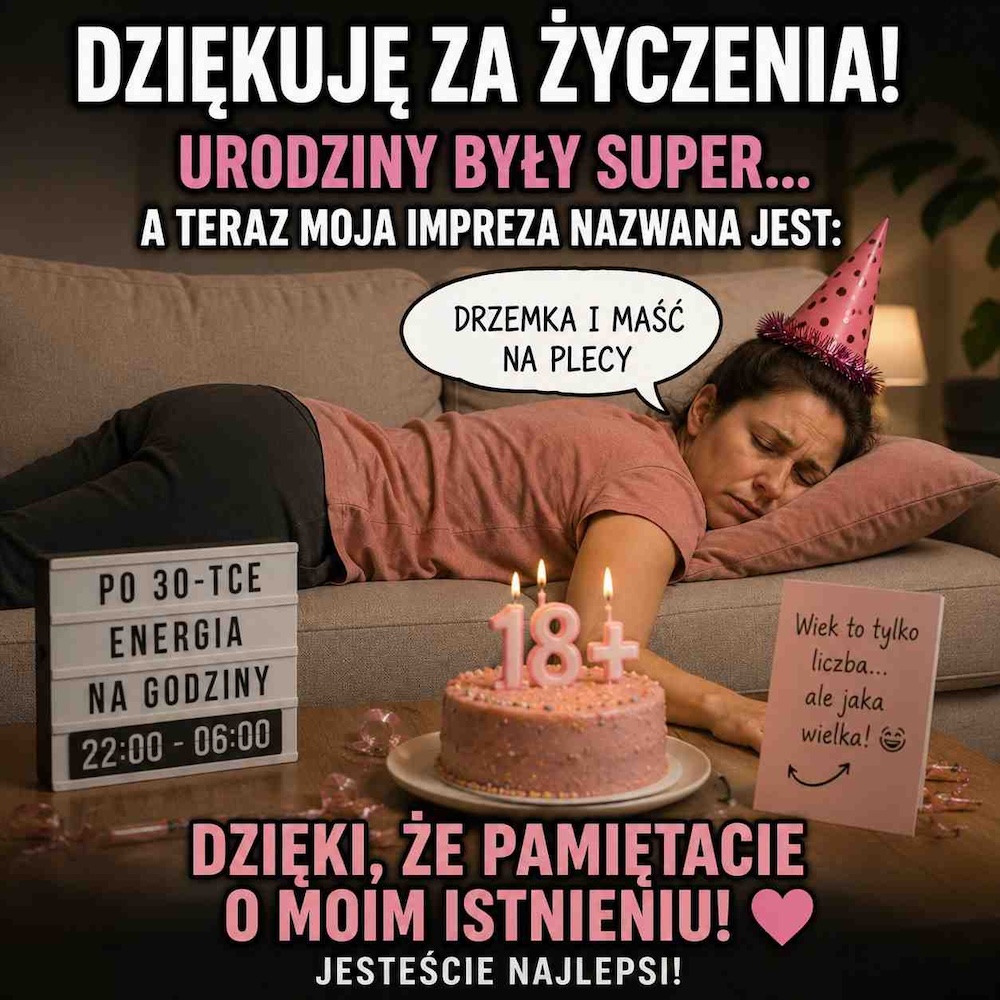 memy - śmieszne podziękowania za życzenia urodzinowe na fb ze śpiącą kobietą 