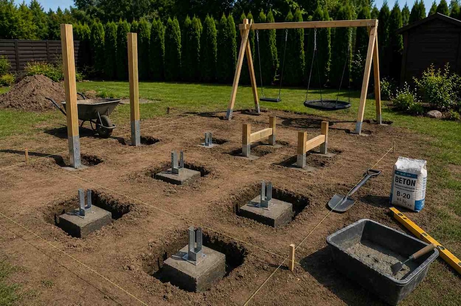 nowoczesny plac zabaw w ogrodzie - robienie fundamentów nowoczesny plac zabaw w ogrodzie - fundamenty