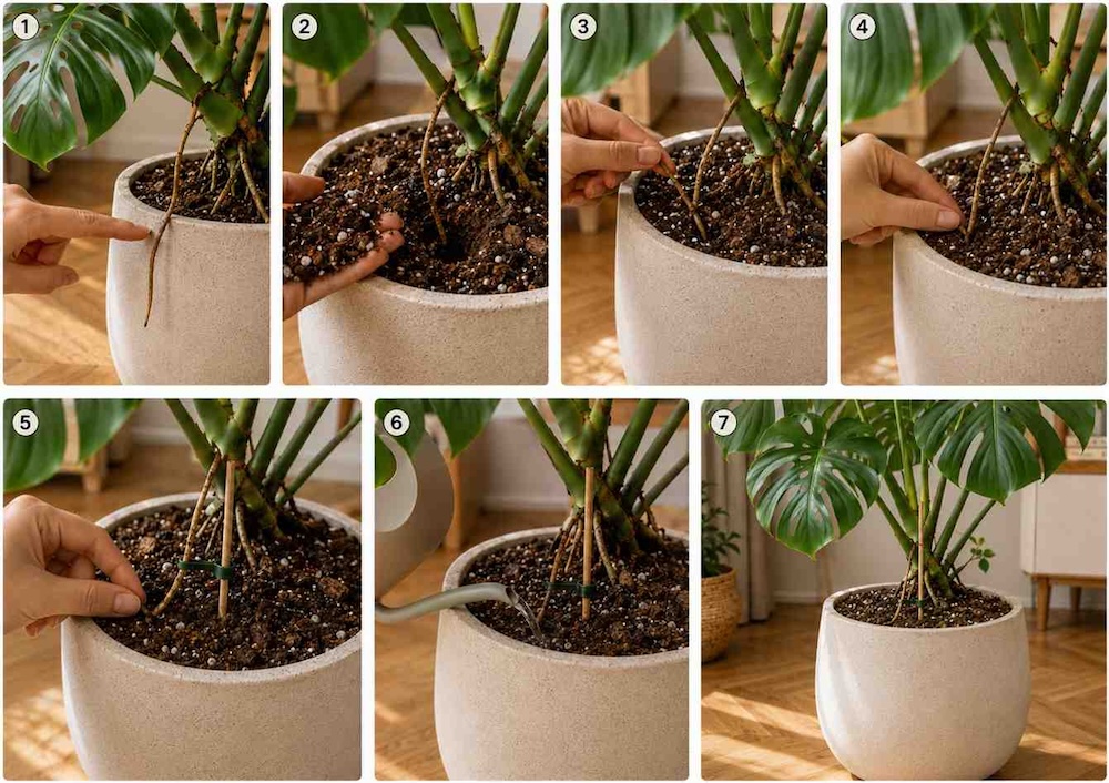 monstera - korzeń powietrzny w doniczce