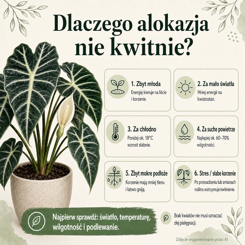 powody dla których alokazja nie kwitnie 